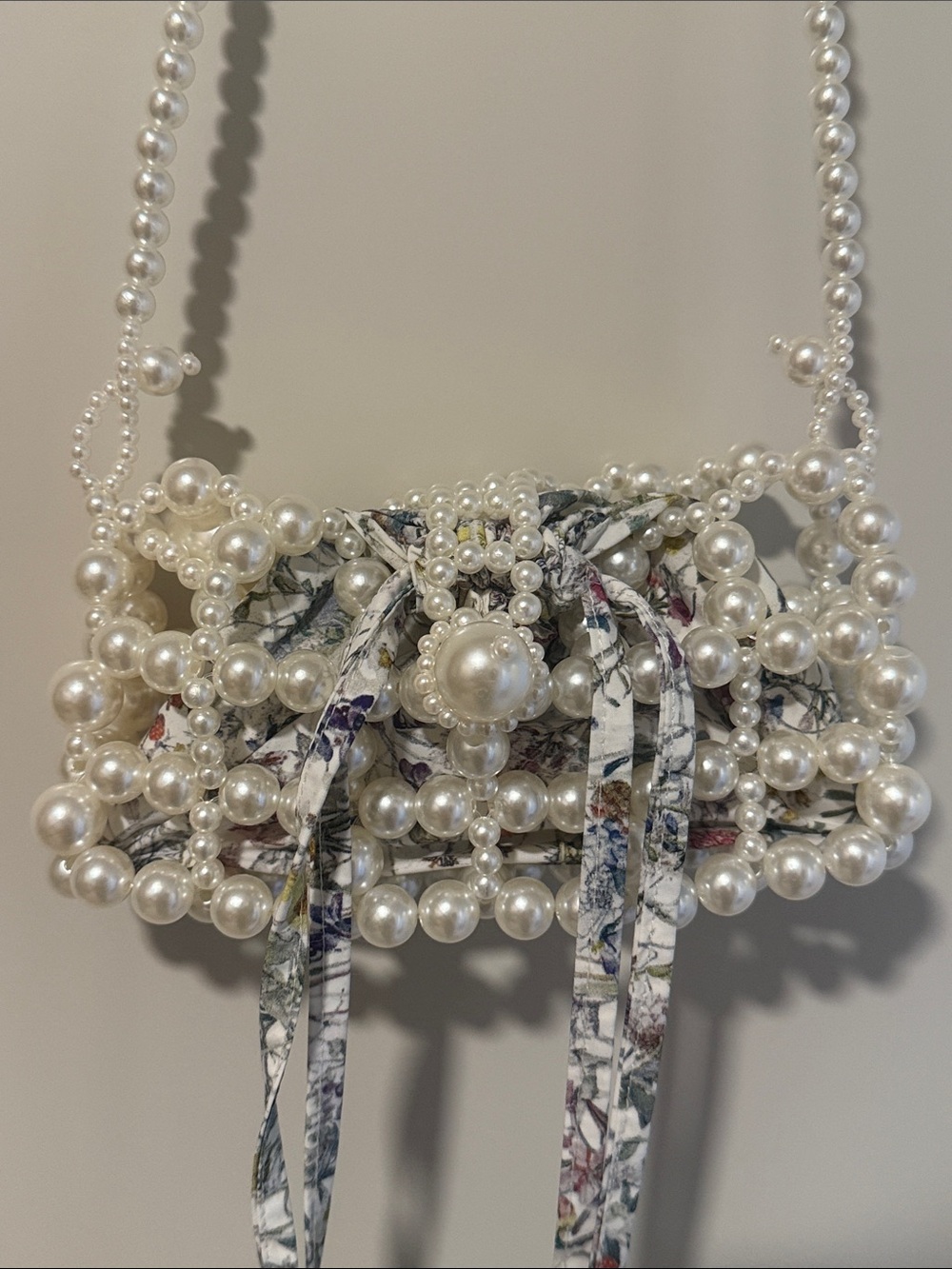 Handmade Pearl-Embellished Crossbody Bag - White + Floral organic cotton